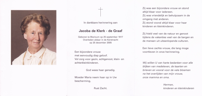 Jacoba de Klerk-de Graaf 1917 - 2005