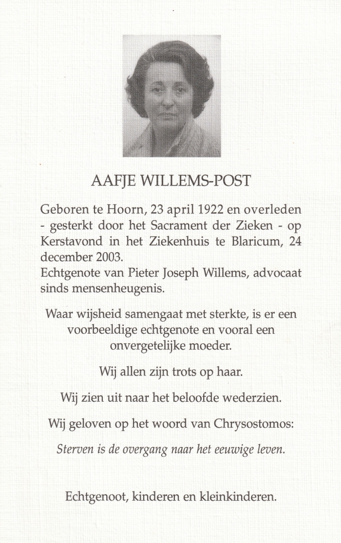 Aafje Willems-Post 1922 - 2003